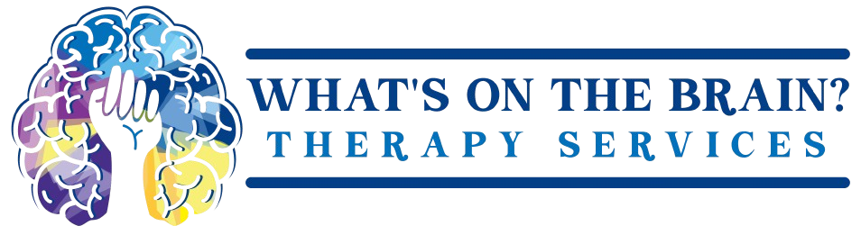 Logo for "What's On Therapy" in blue text with decorative lines.