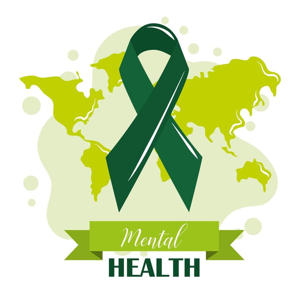Green Ribbon May 2025 Green ribbon symbolizing mental health awareness over a world map.